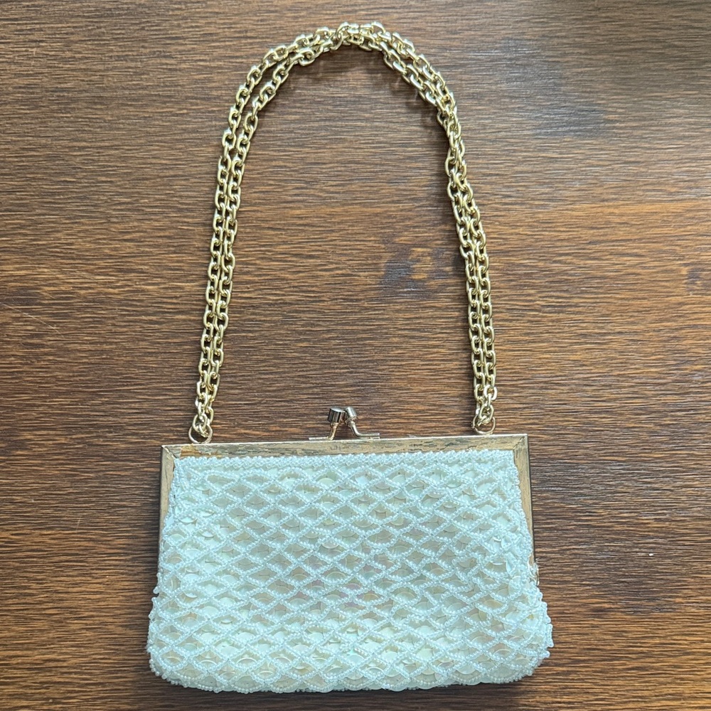 Vintage Cream iridescent Beaded Handbag with Gold Chain